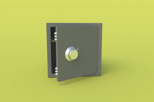 istock Open empty black safe for cash or documents on yellow background. Save money and investments. Bank loan or deposit. 3d rendering 1286895923