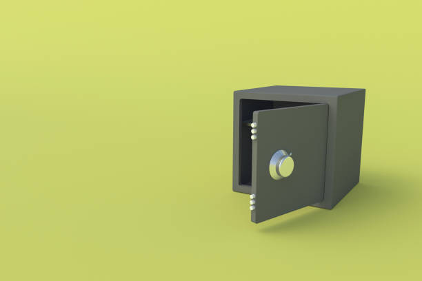 istock Open empty black safe for cash or documents on yellow background. Save money and investments. Bank loan or deposit. Copy space. 3d rendering 1286895925