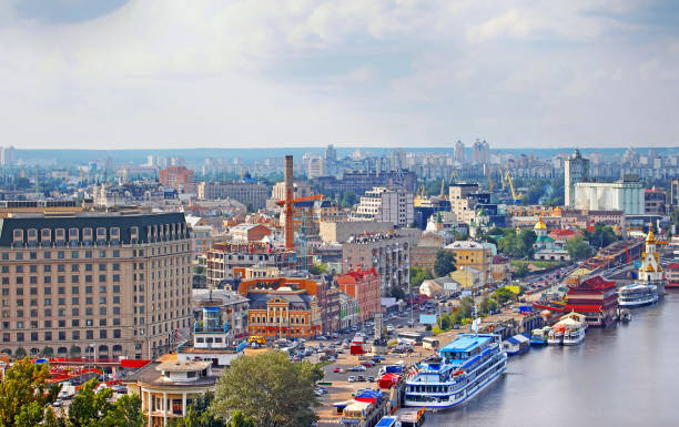 Kyiv business and industry city landscape on river, Ukraine Kyiv business and industry city landscape on river, Ukraine dnieper river stock pictures, royalty-free photos & images