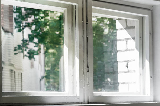 istock window with double glass in wooden frame with garden with greenery outside 1286903124