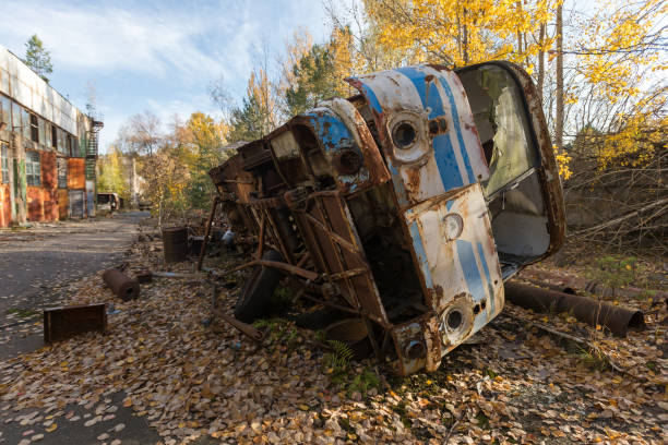 istock Abandoned radioactive vehicle, old rusty bus near ghost town Pripyat 1286904410