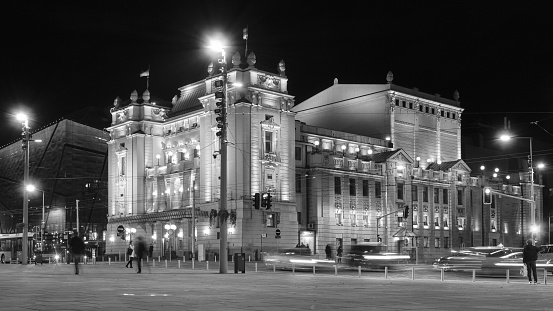 Belgrade / Serbia - November 2, 2019: Night view of the National Theater of Serbia in the Republic Square in Belgrade, Serbia