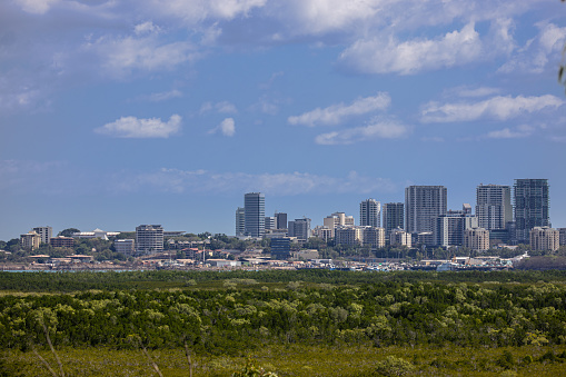 Darwin, Australia - August 14, 2020: The view of Darwin’s CBD from the Charles Darwin Lookout in the Charles Darwin National Park in Darwin, Northern Territory.