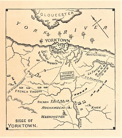 Map of Yorktown, Virginia, site where the French and American troops fought against British soldiers during the American Revolution. British General Cornwallis surrendered October 19, 1781.  Illustration published in First Lessons in Our Country’s History by William Swinton, A.M. (Ivison, Blakeman, Taylor, & Company, New York and Chicago) in 1872.
