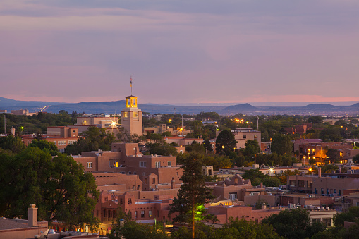 Downtown Santa Fe, New Mexico at dusk