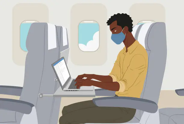 Vector illustration of Business man traveling and wearing a face mask on the plane