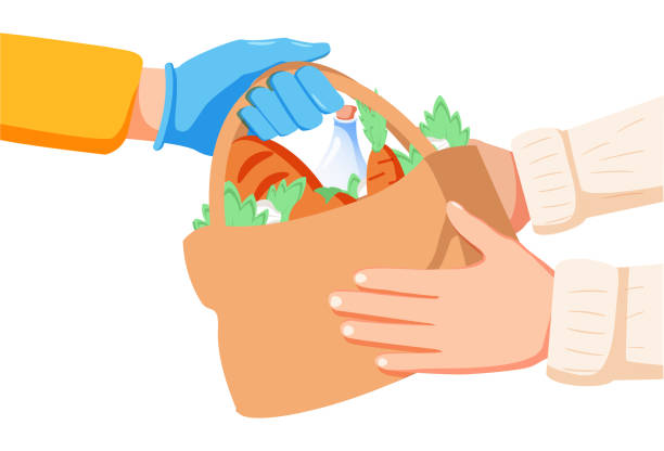 Volunteer holding a donation box with food using protective gloves, charity and solidarity during covid-19 pandemic. Volunteer holding a donation box with food using protective gloves, charity and solidarity during covid-19 pandemic concept food bank vector stock illustrations