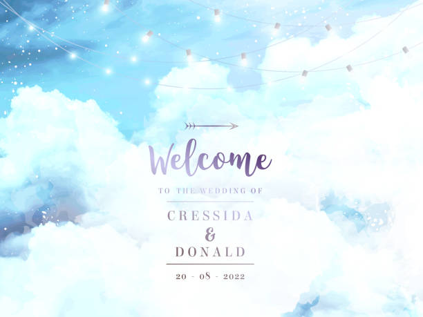 Angelic heaven clouds vector design background with garlands Angelic heaven clouds vector design background. Glamour fairytale backdrop. Plane sky view with white snow. Watercolor frozen style texture. Delicate card. Elegant decoration. Fantasy pastel color disney character free background stock illustrations