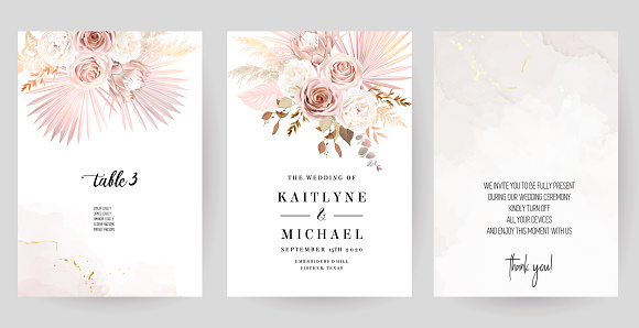 Luxurious beige and blush trendy vector design square frames. Pastel pampas grass, fern, tropical palm leaves. Watercolor brush texture. Wedding cards decoration. Elements are isolated and editable