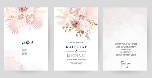 Luxurious beige and blush trendy vector design square frames Luxurious beige and blush trendy vector design square frames. Pastel pampas grass, fern, tropical palm leaves. Watercolor brush texture. Wedding cards decoration. Elements are isolated and editable pink flowers stock illustrations
