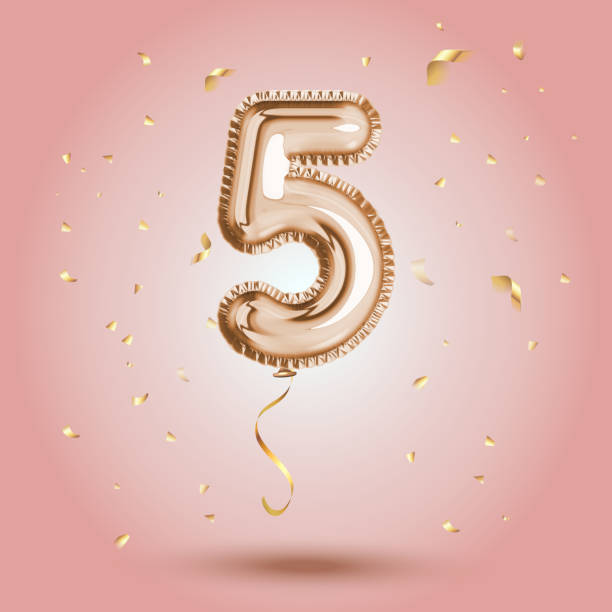 우아한 핑크 인사말 축하 5 년 생일 기념일 번호 5 호일 골드 풍선. 생일 축하합니다, 포스터를 축하합니다. 반짝이는 황금 색종이가 있는 황금 숫자. 벡터 - fifth birthday stock illustrations
