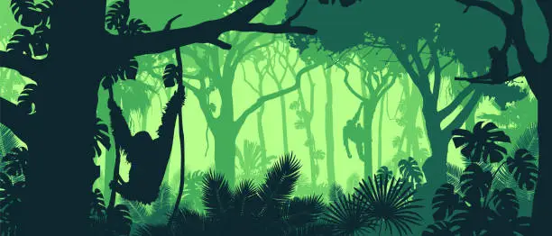 Vector illustration of Beautiful vector landscape of a rainforest jungle with orangutan monkeys and lush foliage in green colors.