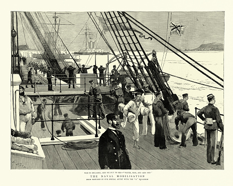Vintage engraving of Royal navy mobilisation, sailors and crew on deck of warship, 1888, 19th Century