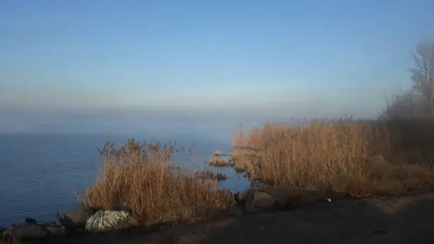 The bank of the river with pebbles in the morning light. Horizon in a haze
