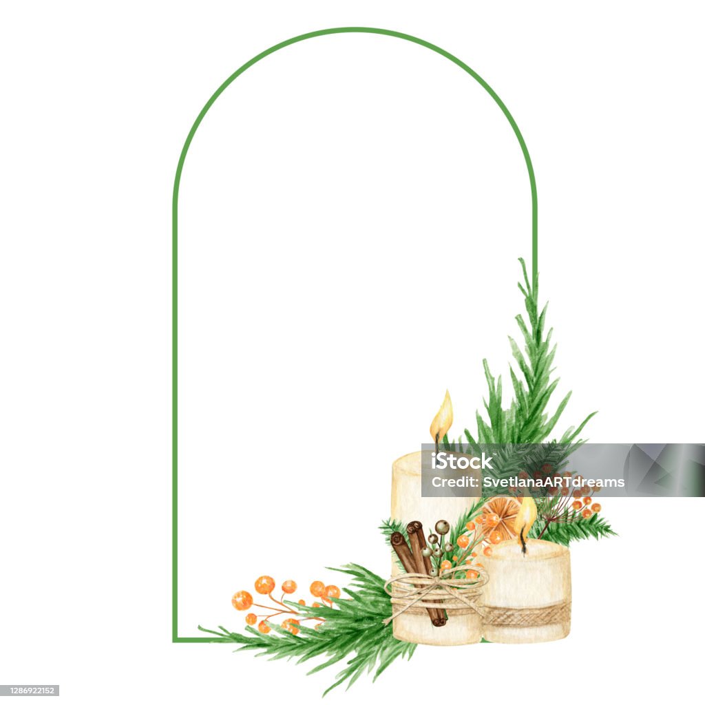 Vánoční Boho rám s borovicovými větvemi, svíčka, skořicová tyčinka, anýz, pomeranč. Akvarel Vintage hraničí s izolovanou ilustrací. Design symbolu víry nebo náboženství novoročních karet - Bez autorských poplatků Akvarelová malba - Malovaný obraz stock ilustrace Vánoční Boho rám s borovicovými větvemi, svíčka, skořicová tyčinka, anýz, pomeranč. Akvarel Vintage hraničí s izolovanou ilustrací. Design symbolu víry nebo náboženství novoročních karet - Bez autorských poplatků Akvarelová malba - Malovaný obraz stock ilustrace
