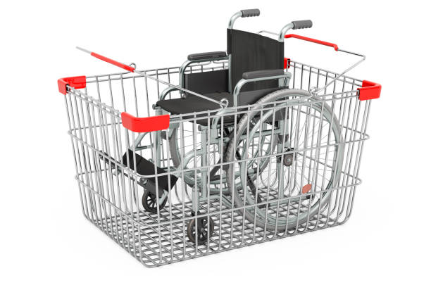 Shopping basket with manual wheelchair, 3D rendering isolated on white background