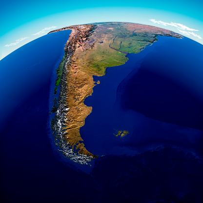 3D Render of a Topographic Map of South America.  \nAll source data is in the public domain.\nColor texture: Made with Natural Earth.\nhttp://www.naturalearthdata.com/downloads/10m-raster-data/10m-cross-blend-hypso/\nRelief texture: GMTED 2010 data courtesy of USGS. URL of source image:\nhttps://topotools.cr.usgs.gov/gmted_viewer/viewer.htm\nWater texture: SRTM Water Body SWDB: https://dds.cr.usgs.gov/srtm/version2_1/SWBD/