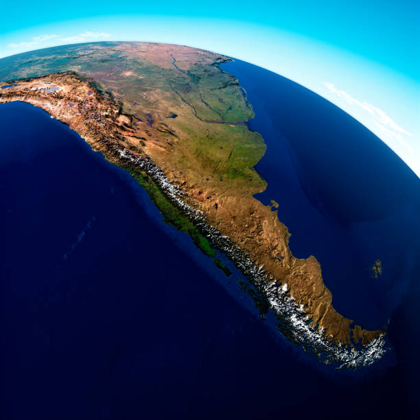 南アメリカのグローブマップ、地理地図、物理学。地図作成、アトラス。レリーフと山で地図。アルゼンチン、チリ。衛星ビュー。 - argentina map chile cartography ストックフォトと画像