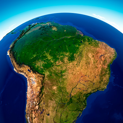 Satellite view of the Amazon rainforest, map, states of South America, reliefs and plains, physical map. Forest deforestation. 3d render\nElement of this images are furnished by Nasa\nhttps://visibleearth.nasa.gov/images/73801/september-blue-marble-next-generation-w-topography-and-bathymetry/73812l