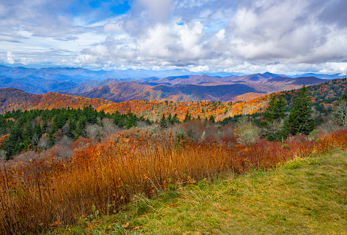 Colorful autumn mountain scenery. Near Asheville, Blue Ridge Mountains, North Carolina, USA.