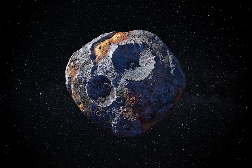 16 Psyche the large metallic asteroid ideal for space mining. NASA imagery was used for this composite from  https://solarsystem.nasa.gov/asteroids-comets-and-meteors/asteroids/16-psyche/in-depth/
