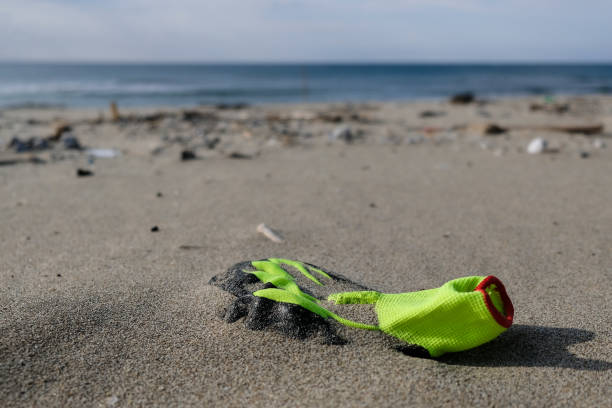 istock Plastic working gloves on sandy sea coast,planet pollution concept 1286930245