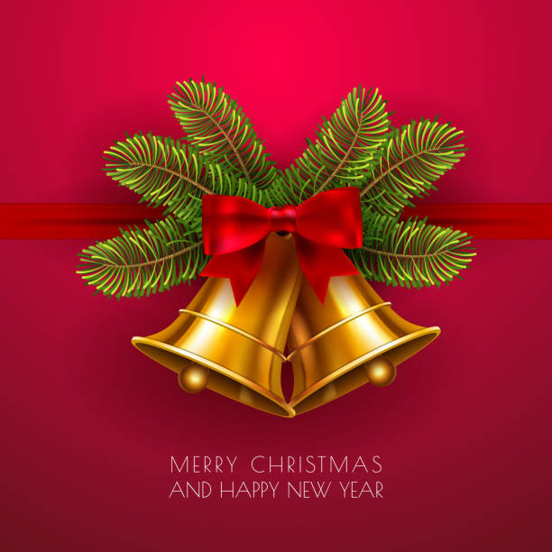 illustrazioni stock, clip art, cartoni animati e icone di tendenza di campane jingle, campana vettoriale in oro invernale con fiocco rosso e rami di abete. buon natale e felice biglietto d'auguri per il nuovo anno in stile tradizionale. modello di elemento decorazione natalizia - holiday christmas backgrounds bell