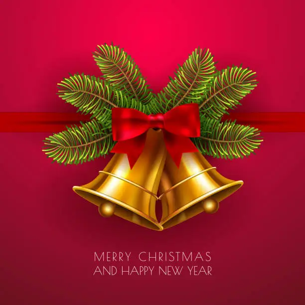 Vector illustration of Jingle bells, winter gold vector bell with red bow and fir tree branches. Merry christmas and happy new year greeting card in traditional style. Christmas decoration element template