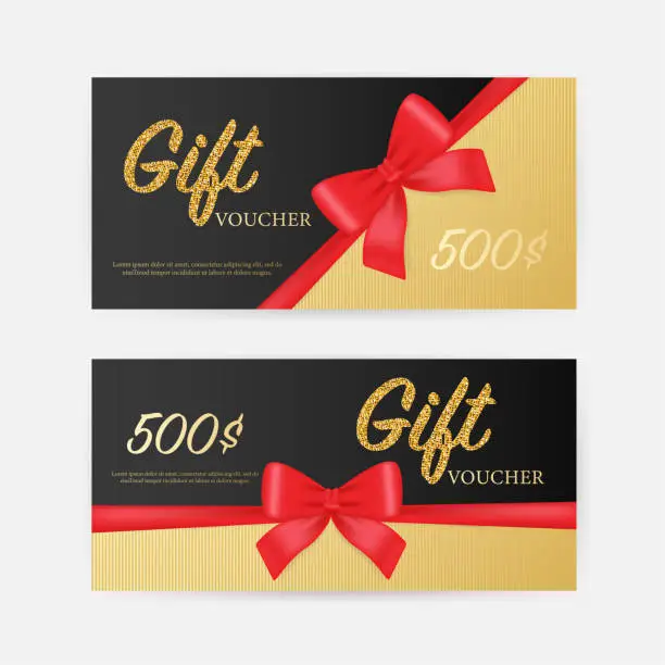 Vector illustration of Greeting card. Vintage Coupon ticket card. ribbon banner with golden gift voucher on gold background for concept design. Vector design template. Gift voucher.