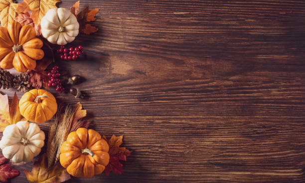 古い木製の背景に乾燥した葉やカボチャから感謝祭の背景の装飾。フラットレイ、秋、秋、感謝祭のコンセプトのためのトップビュー。 - color image thanksgiving photography harvest festival ストックフォトと画像