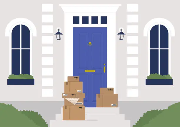Vector illustration of A contactless delivery to door, online shopping, a pile of cardboard boxes sitting next to a front door, a courier service