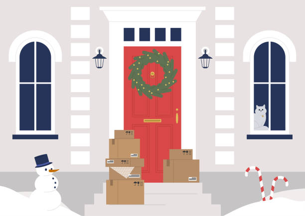 ilustrações de stock, clip art, desenhos animados e ícones de christmas delivery contactless service, a pile of boxes sitting next to a front door, a holiday gifts shipment - christmas holiday vacations candy cane