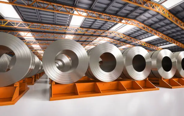 3d rendering roll of steel sheets in factory
