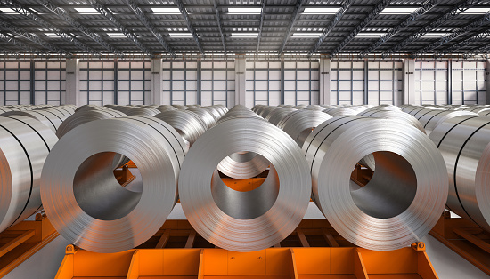 3d rendering roll of steel sheets in factory