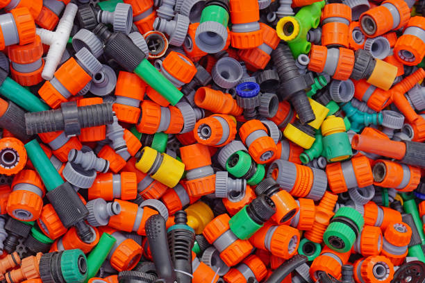 Various colorful garden hose couplers vents connectors parts