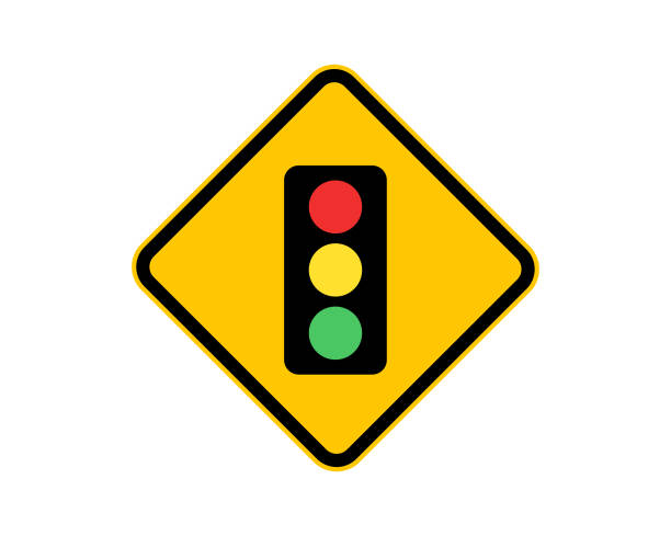 illustrazioni stock, clip art, cartoni animati e icone di tendenza di semafori davanti segnale stradale - stoplight