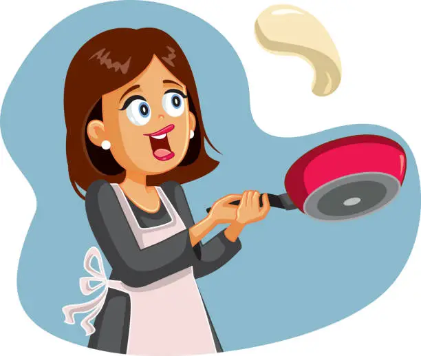 Vector illustration of Happy Female Home Cook Flipping Pancake for Breakfast