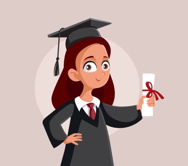 Teenage Girl Graduating School Vector Cartoon Student finishing high-school getting a bachelor degree diploma bachelor's degree stock illustrations