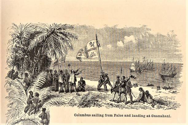 Columbus Ships Land on Guanuahani (Bahamas), October 12, 1492, an Illustrated Scene Christopher Columbus lands his fleet of ships on Guanuahani (Bahamas) in 1492 to discover the New World. Illustration published in First Lessons in Our Country’s History by William Swinton, A.M. (Ivison, Blakeman, Taylor, & Company, New York and Chicago) in 1872. columbus stock illustrations