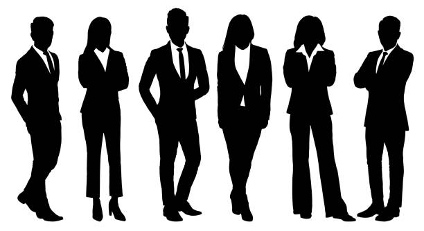 Silhouette of business people posing isolated on white Silhouette of business people posing isolated on white man stock illustrations