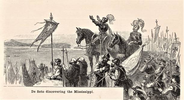 ilustrações, clipart, desenhos animados e ícones de de soto descobre rio mississipi com soldados, padres católicos em 1541, uma cena ilustrada - hernando desoto