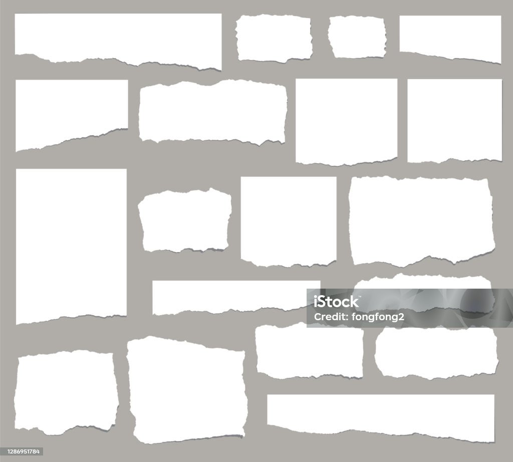 Set of elongated torn paper fragments isolated on white background Paper stock vector