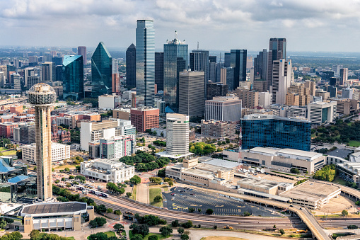 Aerial view of the modern Dallas skyline from about 600 feet in altitude.