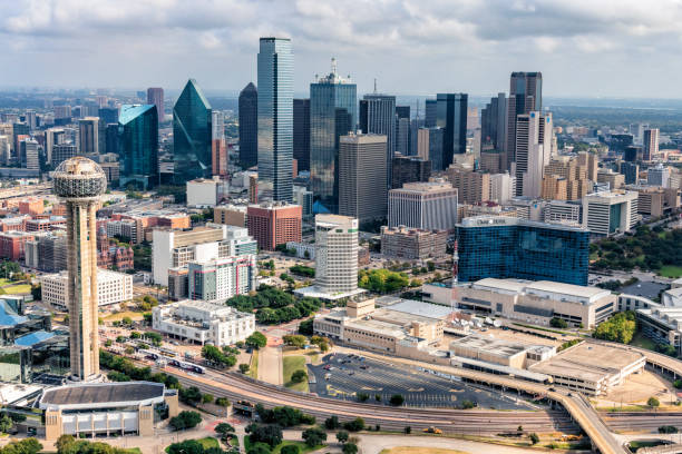 Modern Dallas Skyline Aerial view of the modern Dallas skyline from about 600 feet in altitude. dallas texas photos stock pictures, royalty-free photos & images