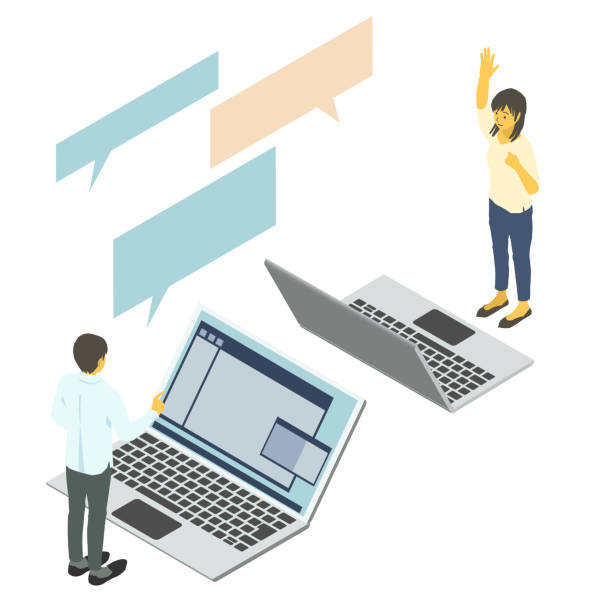 istock Vector illustration of two business people chatting on isometric laptop 1286955303