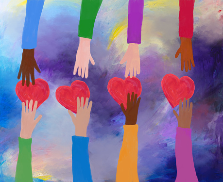Acrylic painting of hands giving and receiving red hearts. Concept of love and care. friendship, charity and volunteering. Acrylic painting and digital media. My own work.
