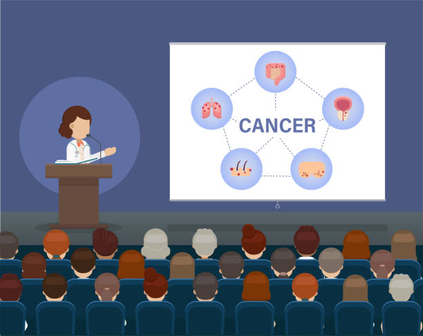 Cancer conference concept Medical conference concept with doctor speak on stage flat design vector illustration colon cancer screening stock illustrations