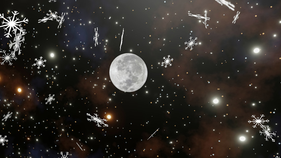 Snowflake is falling from sky with nebula, star field and full moon in background (3D Rendering)