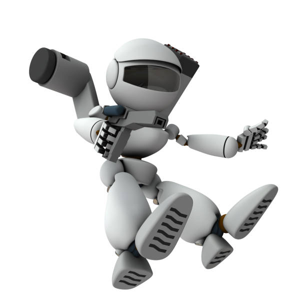 istock An armed robot soldier who descends and invades. 3D rendering. White background. 1286958213