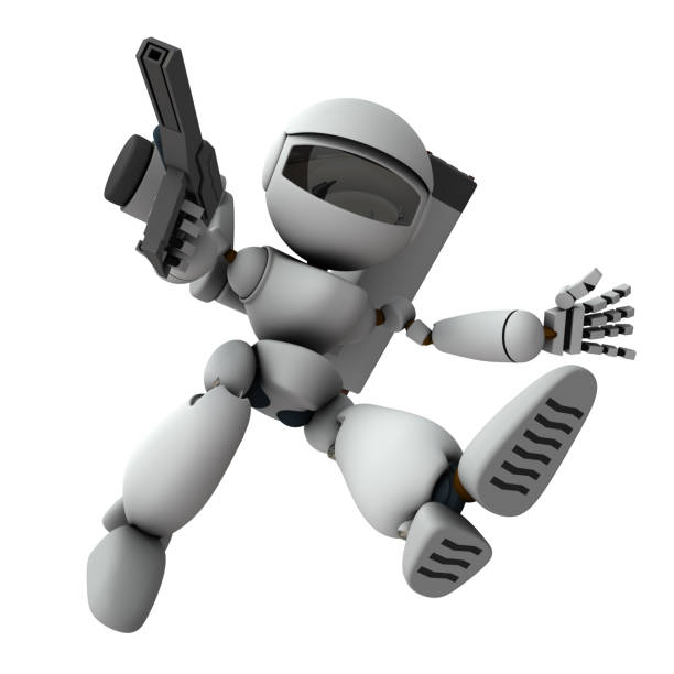 istock An armed robot soldier who descends and invades. 3D rendering. White background. 1286958215